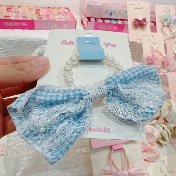 A550-axy蓝色珍珠蝴蝶结发圈（单只）【满15包邮发货】