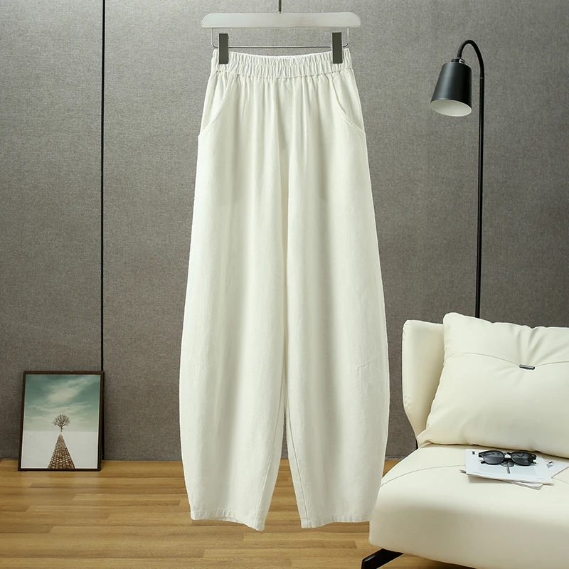 白色棉麻阔腿哈伦灯笼裤女2025夏季新款薄款亚麻休闲裤香蕉镰刀裤