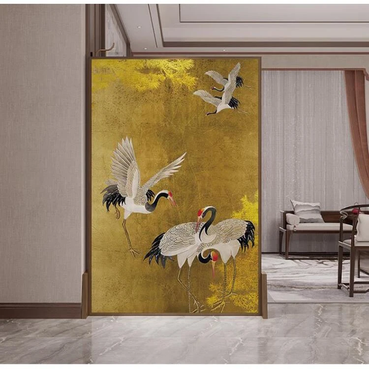 新中式仙鹤祥云金色墙板客厅沙发屏风电视背景墙竹木纤维集成墙板