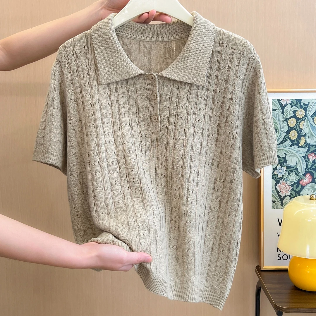 韩系翻领正肩短袖T恤麻花肌理针织衫女夏新款百搭老钱风休闲上衣