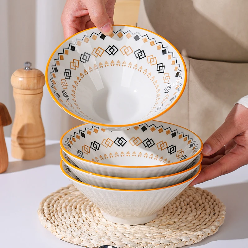 波西米亚面碗8英寸到手四只家用釉下彩创意陶瓷大号日式大碗餐具