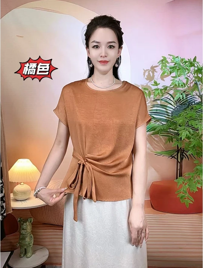 FF2025--120 夏季新款时尚设计感飘带圆领短袖遮肉显瘦衬衫