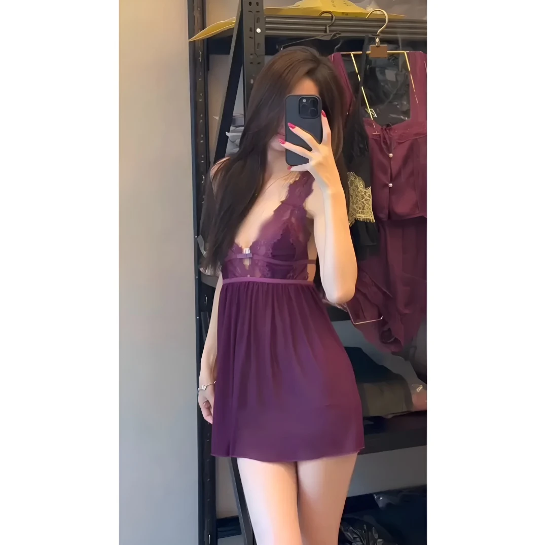 纯欲性感迷人的危险睡衣女士韵味紫色蕾丝睡裙法式新款吊带居家服
