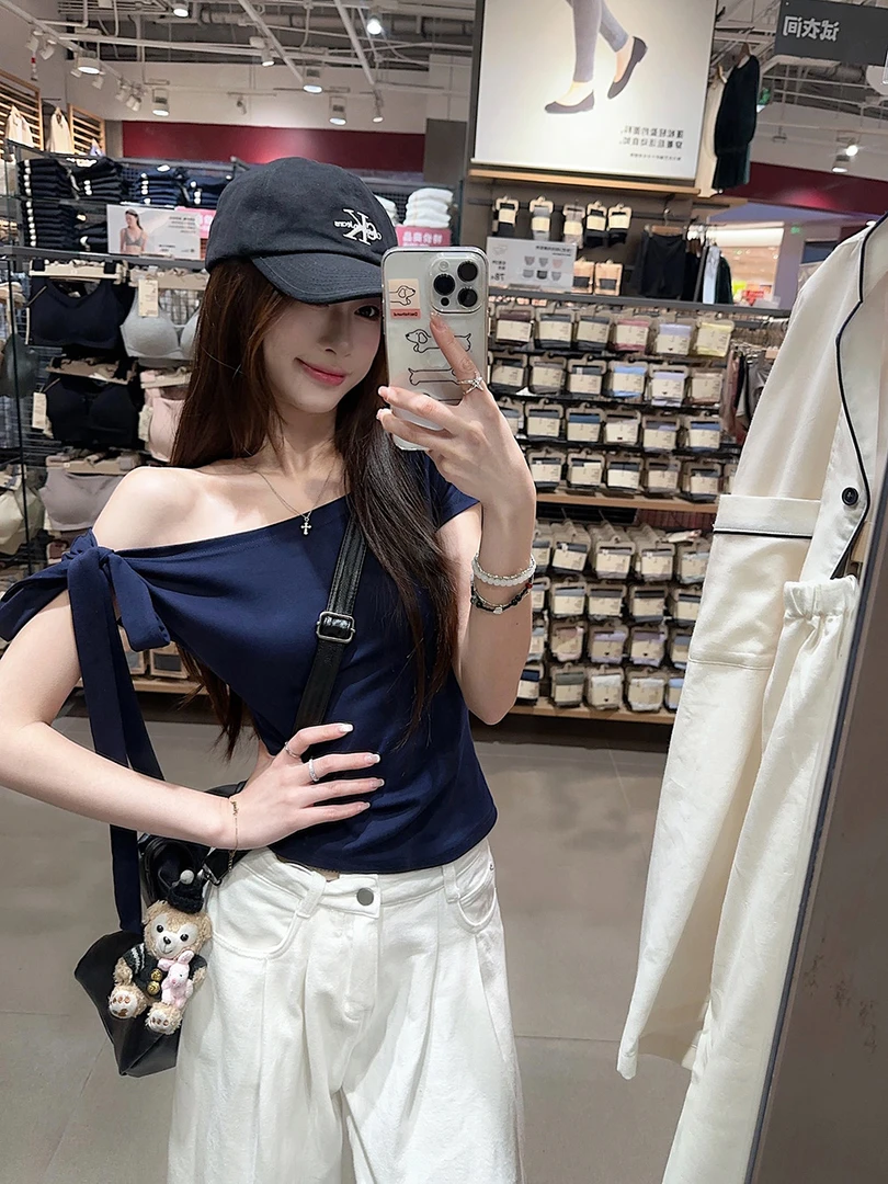 纯欲风蝴蝶结系带斜肩条纹T恤女装夏季复古别致修身短款露肩短袖