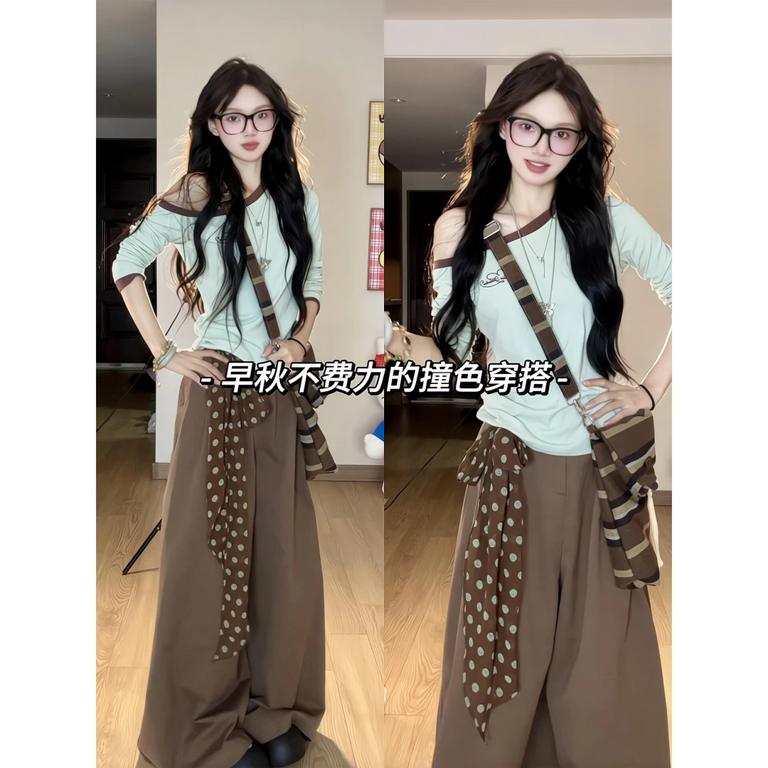 斜肩撞色长袖T恤女秋季新款小众修身显瘦上衣直筒宽松休闲阔腿裤