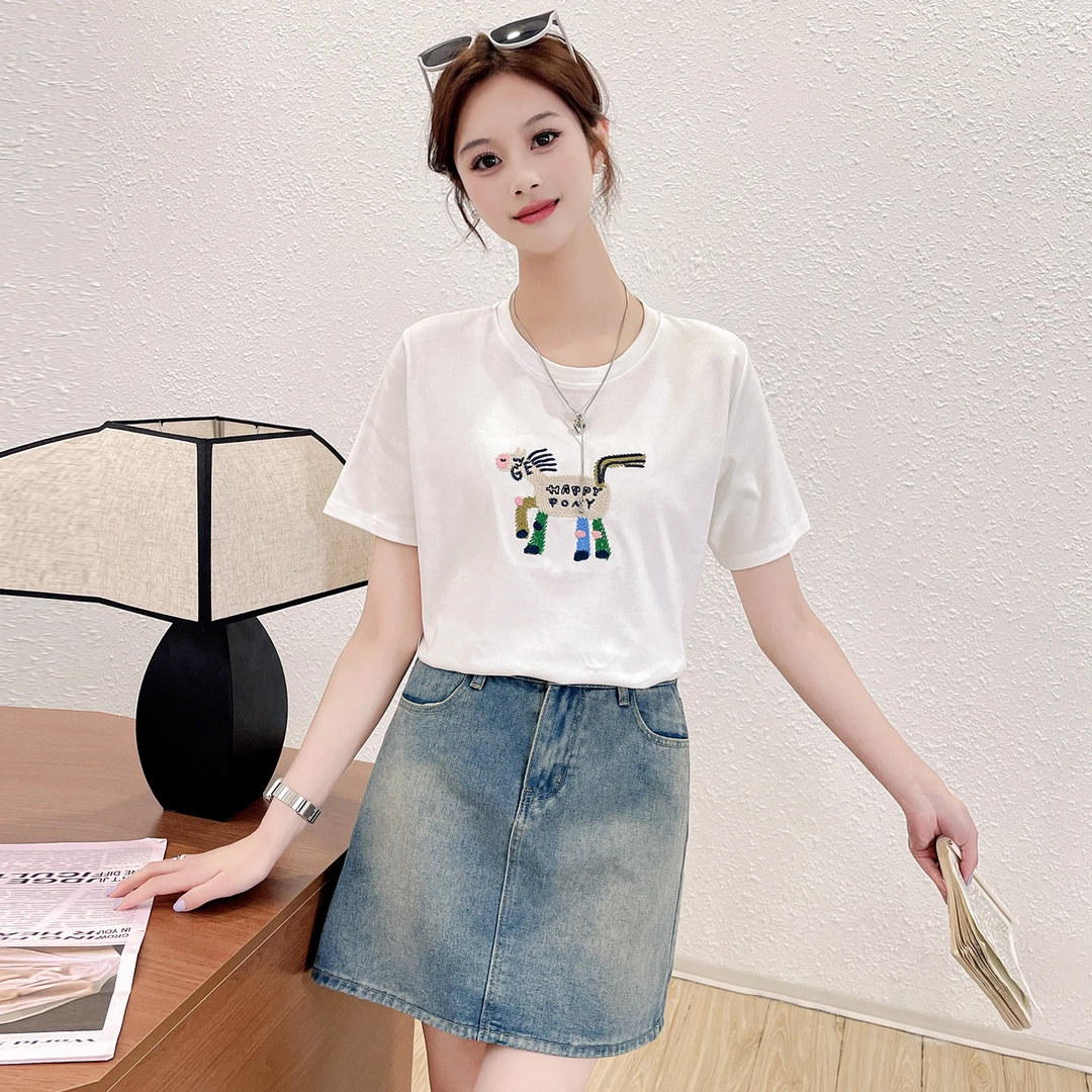 苏醒的乐园t恤女夏季新款95棉SXT53038宽松版重工刺绣小马