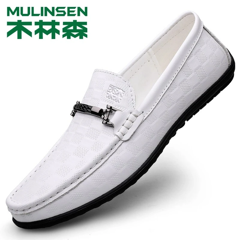 木林森白色豆豆鞋男真皮头层牛皮高档格子潮流软底驾车鞋休闲皮鞋