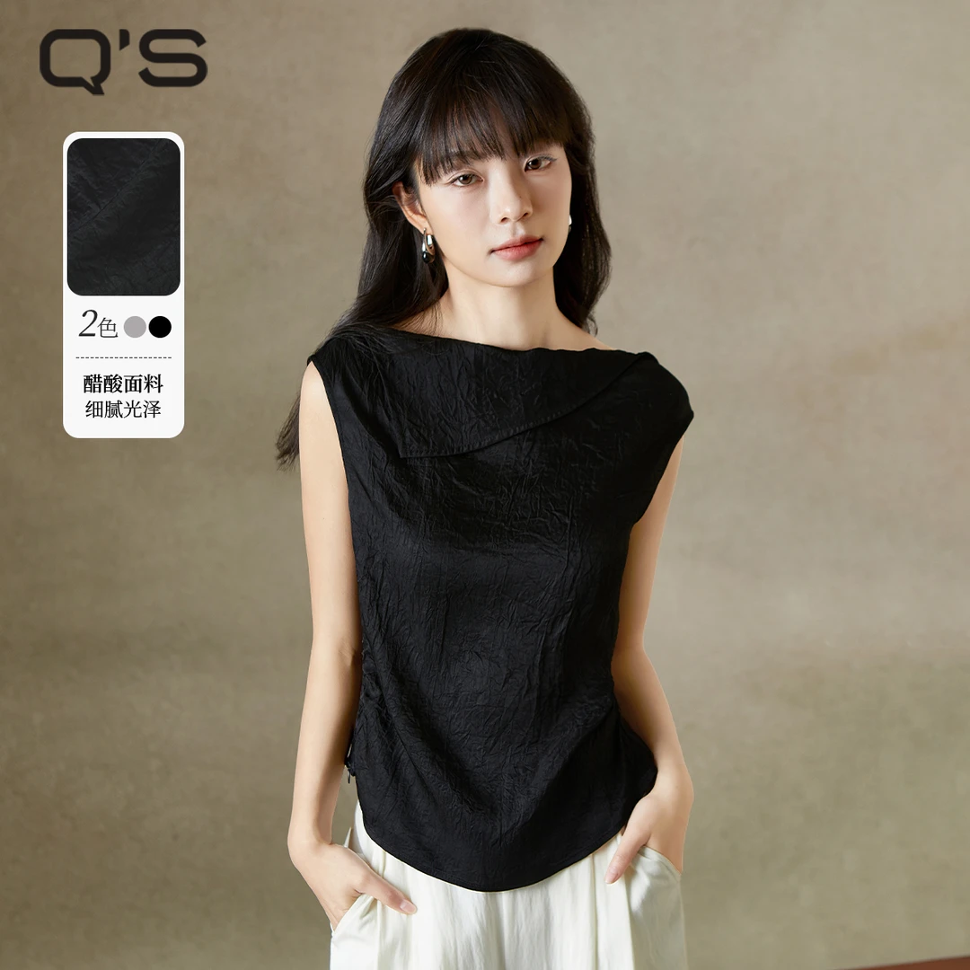 秸熙夏季新款气质不规则翻边领上衣设计感收腰醋酸无袖t恤5XB585