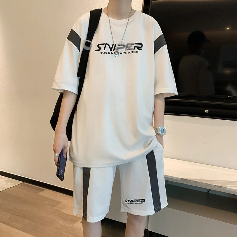夏季新款青少年字母印花设计感圆领短袖套装时尚轻薄透气两件套男