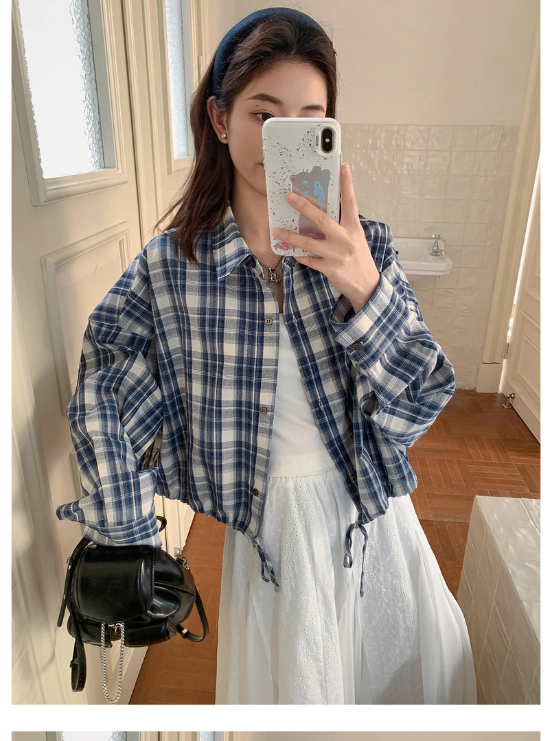 设计感蓝色格子衬衫女春季新款抽绳系带休闲宽松上衣外套