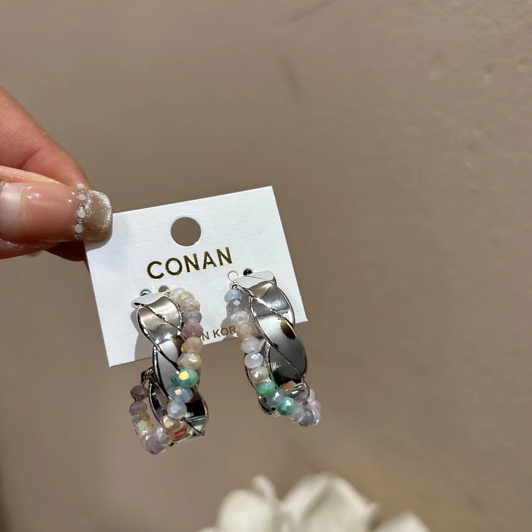 铜合金耳饰 高级感交叉珠珠耳钉R48