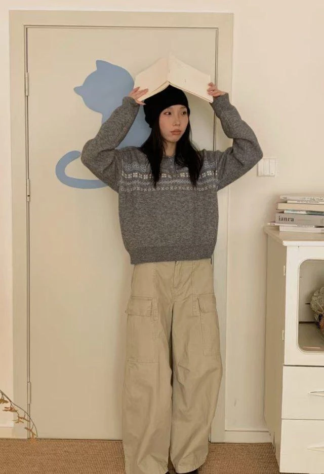 北极绒秋冬氛围感复古提花翻领针织衫5116
