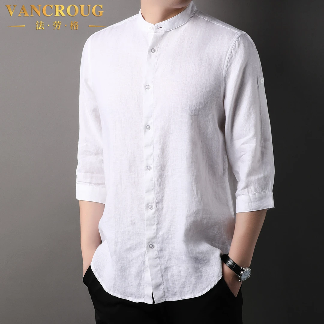 VANCROUG/法劳格七分袖衬衫男士夏季中国风立领薄款国潮宽松衬衣