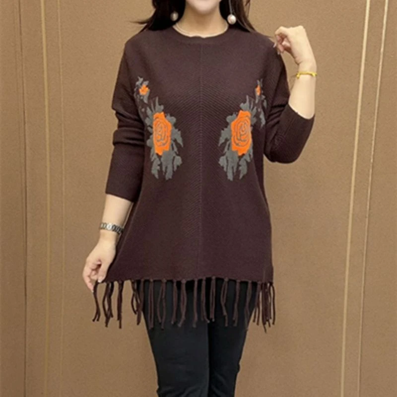 时尚百搭纯色印花流苏设计宽松大码针织衫2025秋季中长款长袖上衣