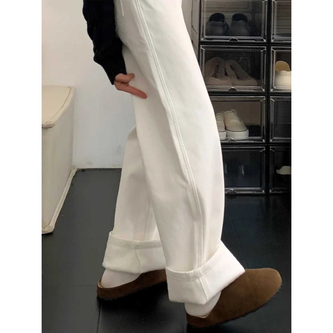 白色牛仔裤女2025新款加绒加厚裤子冬梨型身材粗腿宽胯直筒阔腿裤