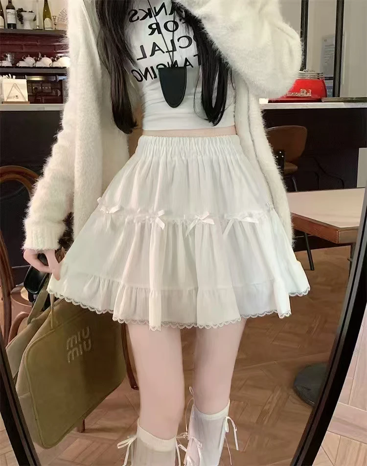 白色芭蕾风半身裙高腰显瘦甜美蝴蝶结蕾丝花边蓬蓬蛋糕裙