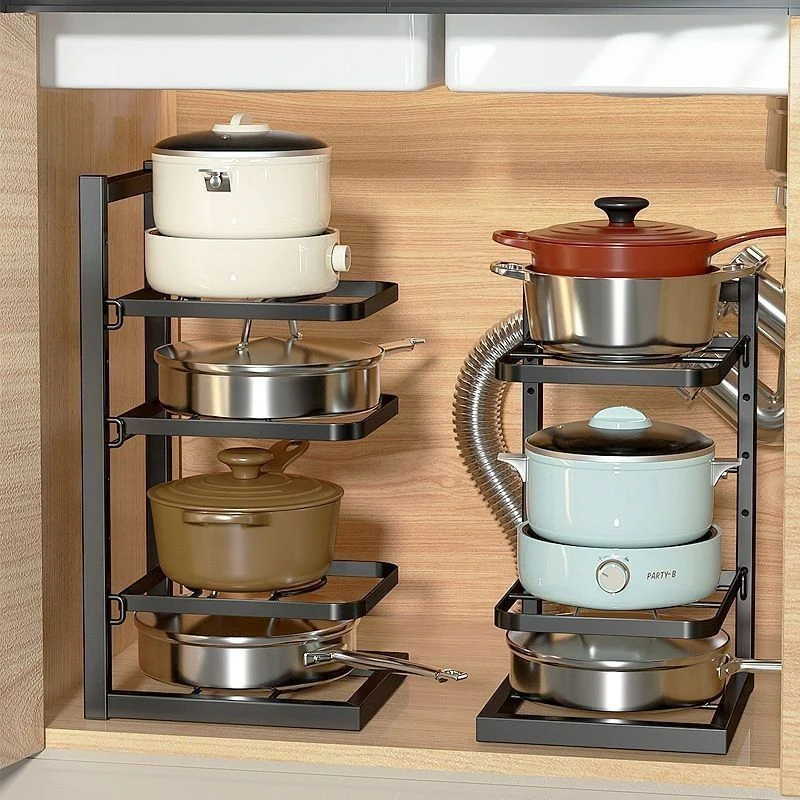 新款厨房置物架收纳架多层多功能可调节落地锅具架下水槽柜内锅架