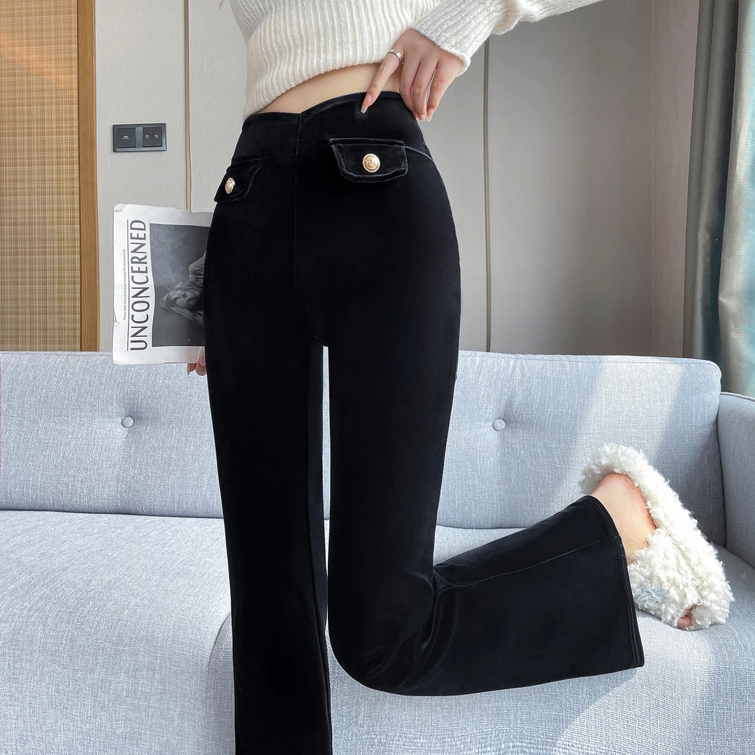 金丝绒微喇叭长裤子女士装春秋冬季2025新款窄版高腰拖地休闲工装