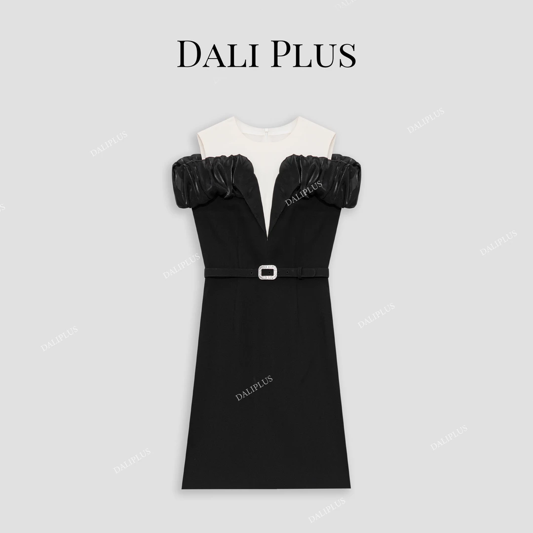 DALI PLUS高克重醋酸气质黑白撞色设计露肩微礼服连衣裙-D4MM0257