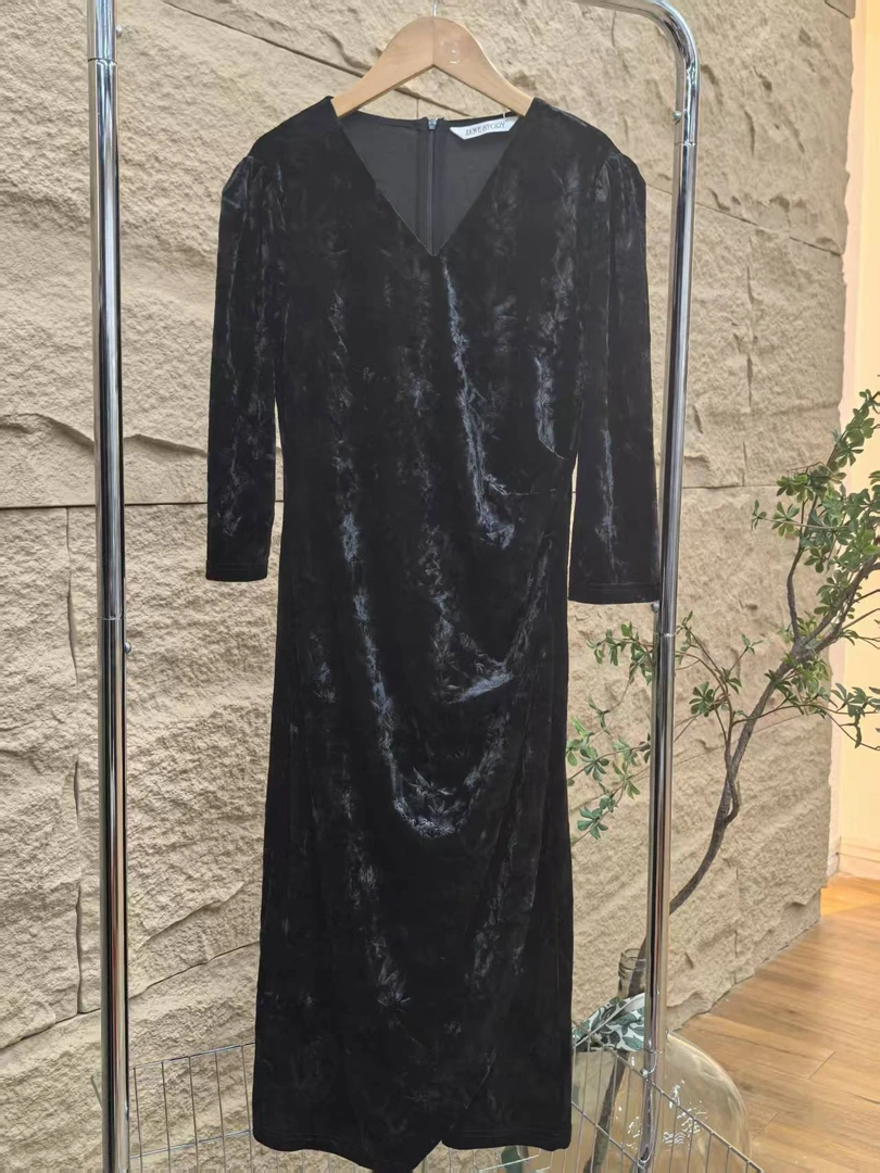 长袖秋冬印花新中式连衣裙连衣裙一步裙拼接中长裙（4196）