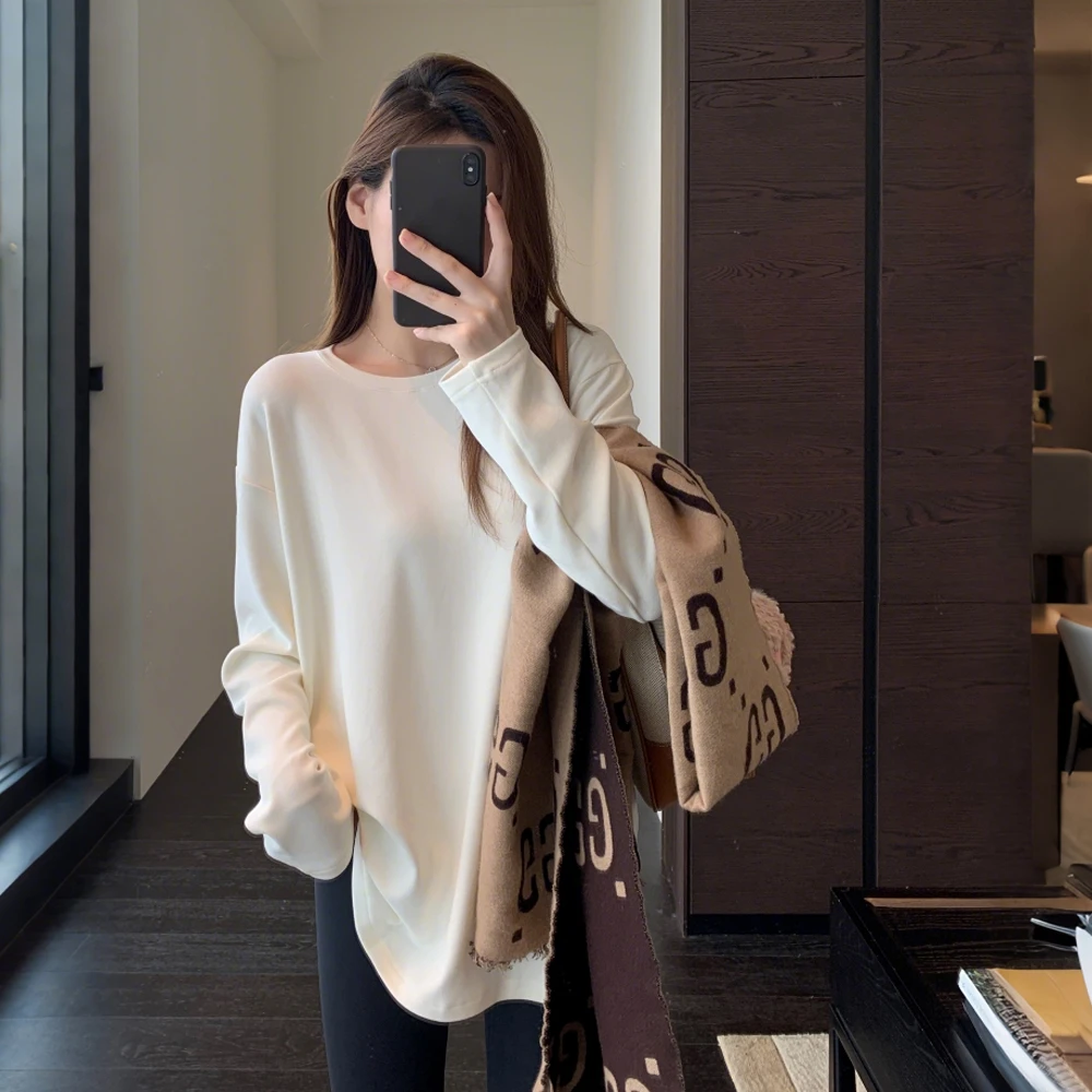 秋冬新款德绒宽松简约纯色打底衫女保暖舒适圆领长袖澳绒休闲T恤