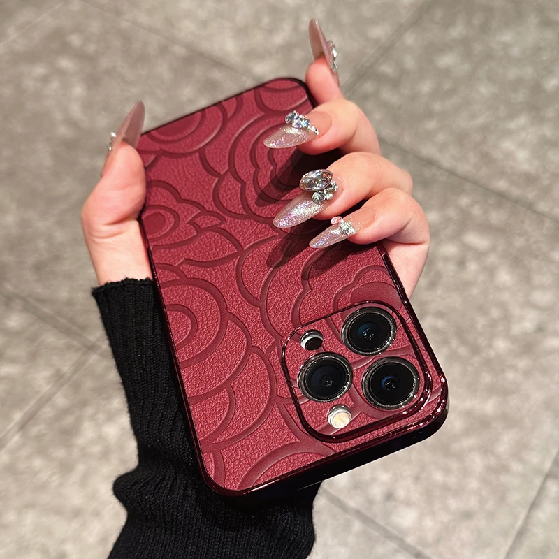 适用于苹果16华为/oppo/vivo电镀羊皮手机壳简约小众山茶花高级感