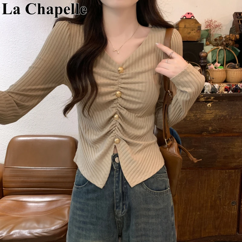 拉夏贝尔秋季新款纯欲风V领长袖t恤女2025洋气设计感修身打底上衣
