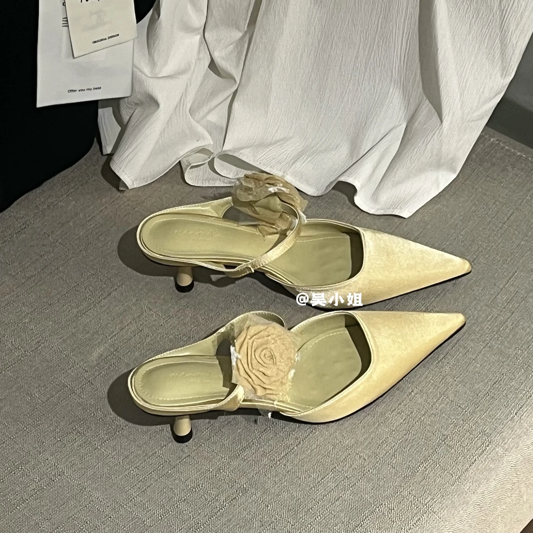 2025春夏新款绸缎法式气质仙女风按摩底高跟鞋女小众设计包头半拖