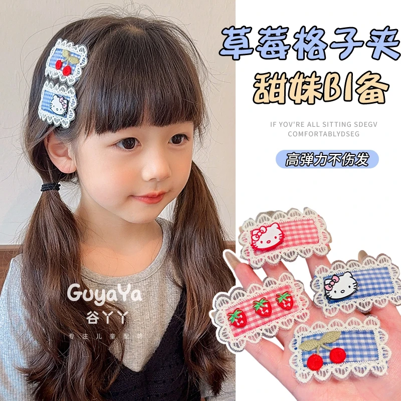 儿童可爱格纹kt猫蕾丝发夹女童发卡甜美刘海侧边碎发夹子头饰发饰