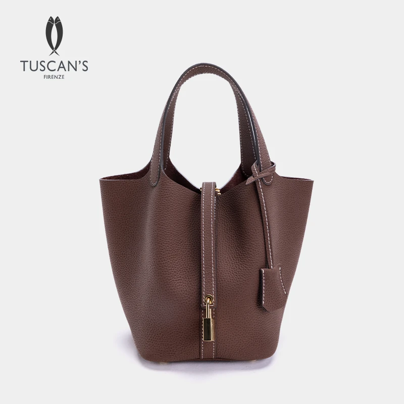 TUSCAN'S菜篮手提款手提包荔枝纹牛皮女包手拎包女士时代双鱼