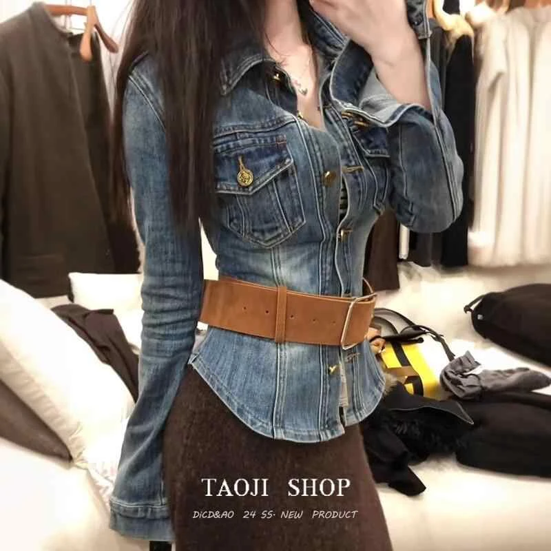美式复古做旧水洗牛仔外套女衬衫早春季高级感修身收腰夹克短上衣
