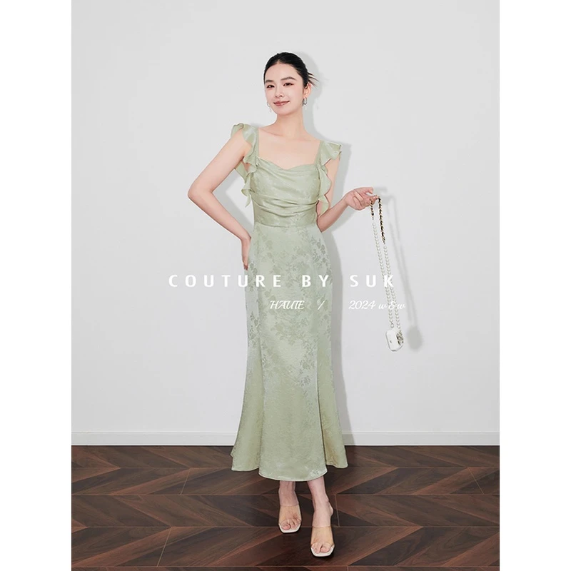 SUK【清风徐来】木耳边提花缎面荷叶边中长款修身连衣裙女SK4259