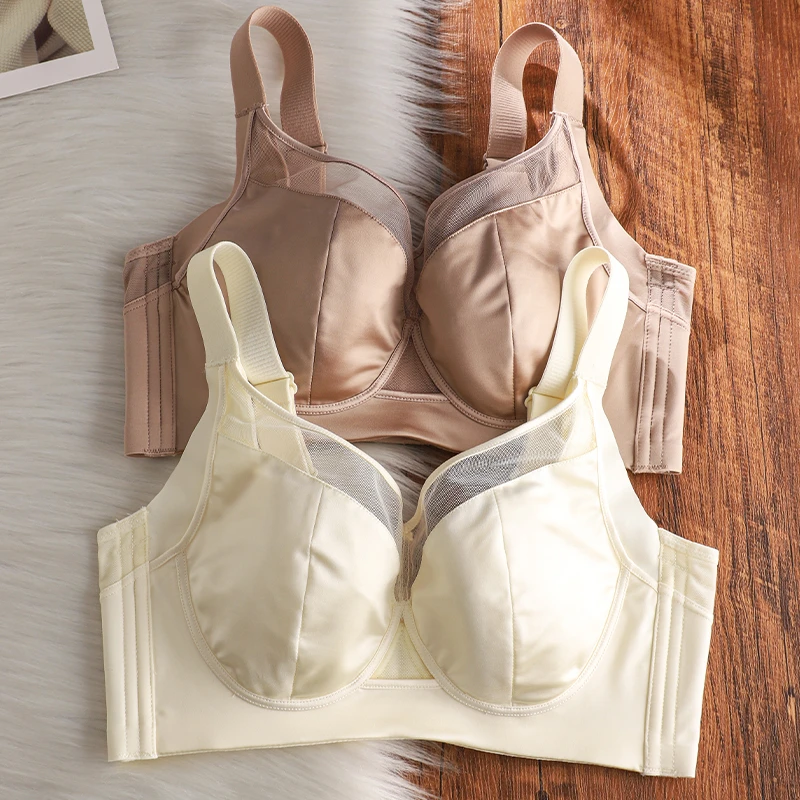 缎面薄款内衣女大胸显小聚拢收副乳防下垂调整型软钢圈性感文胸罩
