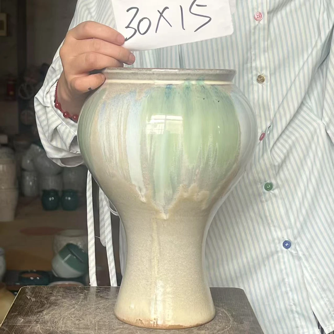 203高端宜兴紫砂花盆香槟色绿色流釉高30口15