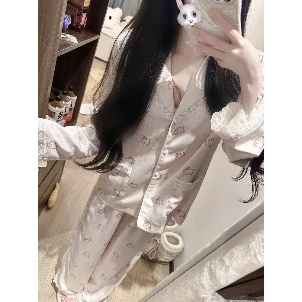 【波点kt现货！】春秋季丝款睡衣家居服可爱少女缎面印花女可外穿
