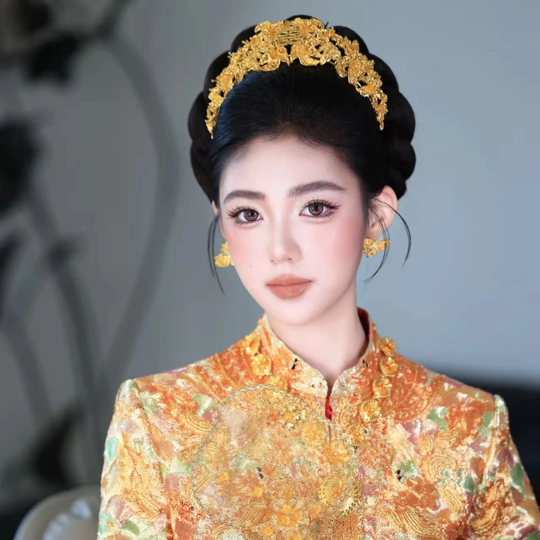 合金仿水晶婚庆饰品 12173金色镂空设计小半冠龙凤挂配饰