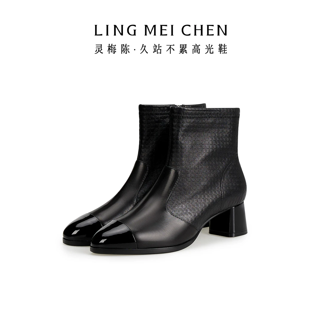 【多穿弹力瘦瘦靴】羊皮牛皮2025新款粗跟5CM真皮黑色秋冬时尚