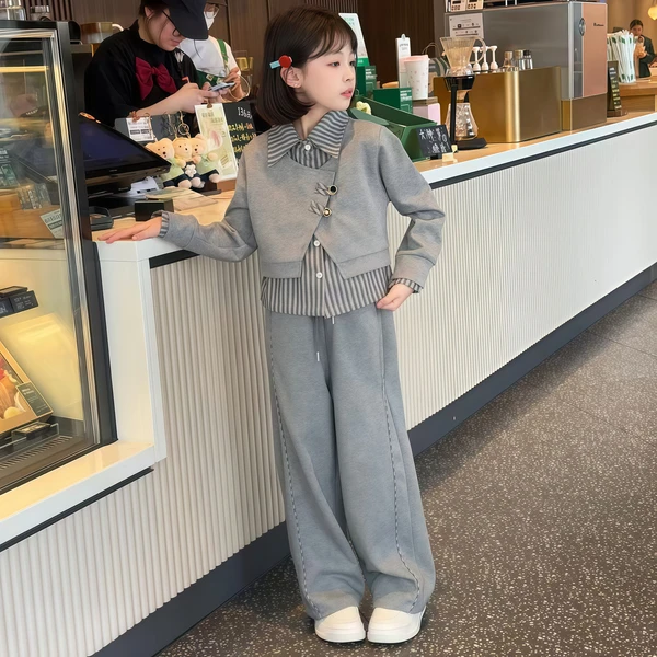 女童拼接条纹衬衫假三件套装2025春秋中大童休闲时尚韩版套装