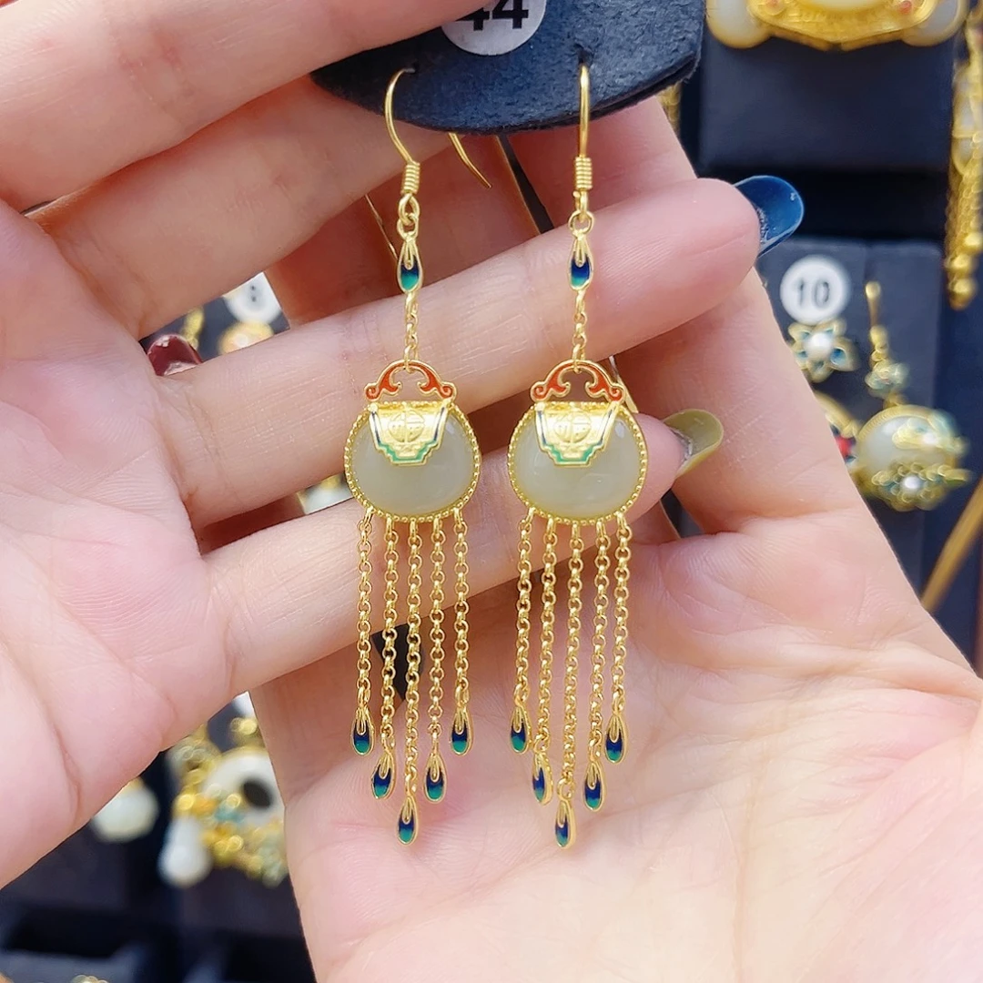 和田玉银S925镀金镶嵌耳饰