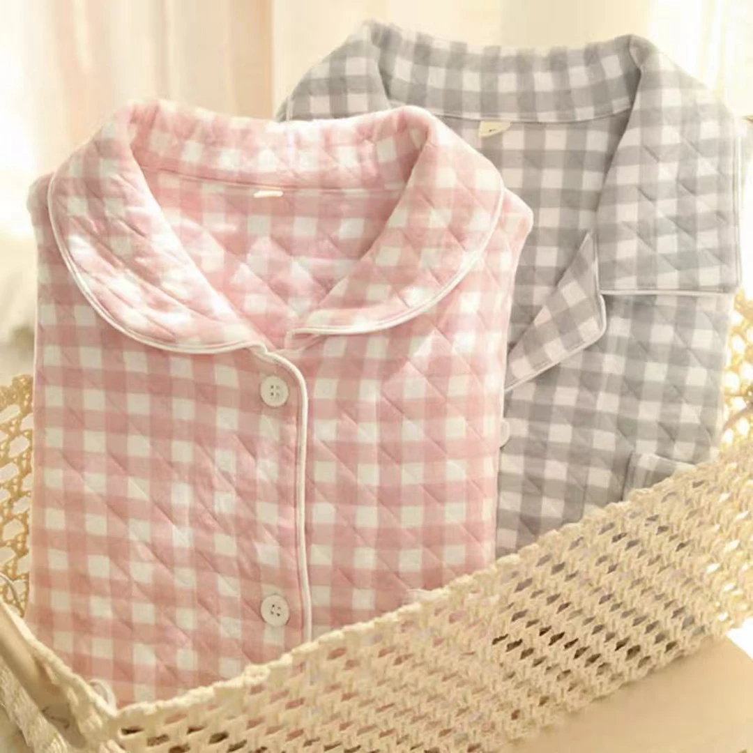 『空气棉无印格』秋冬薄夹棉纯棉男女保暖睡衣家居服保暖舒适