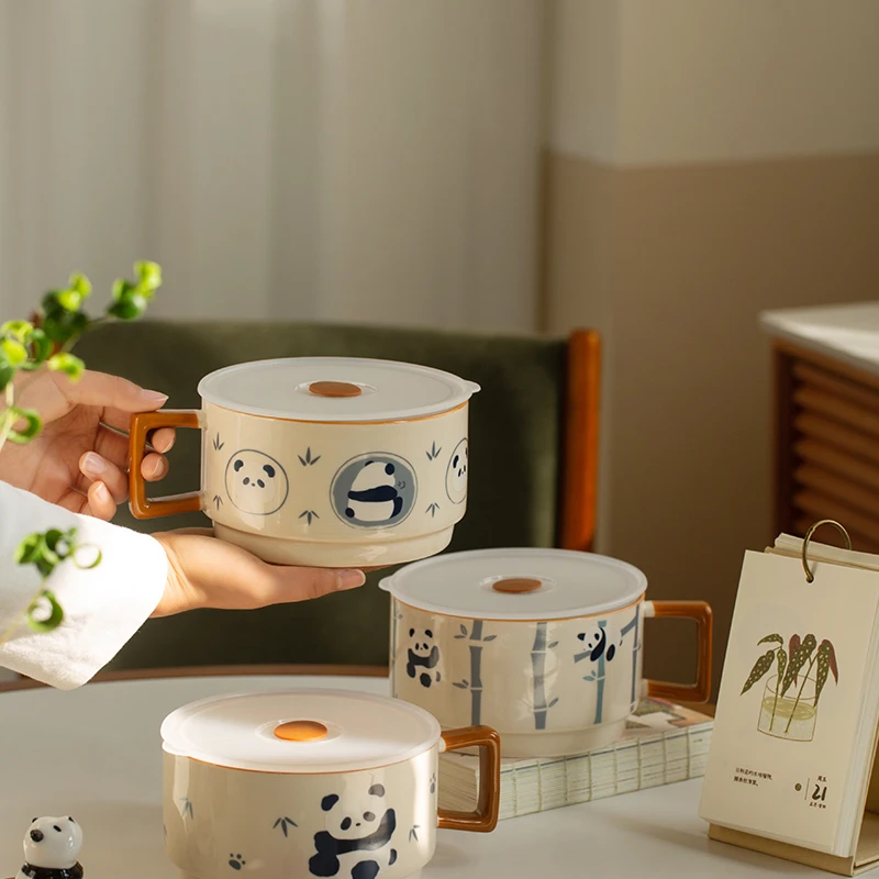 肆月竹蕴熊猫泡面碗带盖汤碗陶瓷碗大碗2025新款高颜值水果沙拉碗