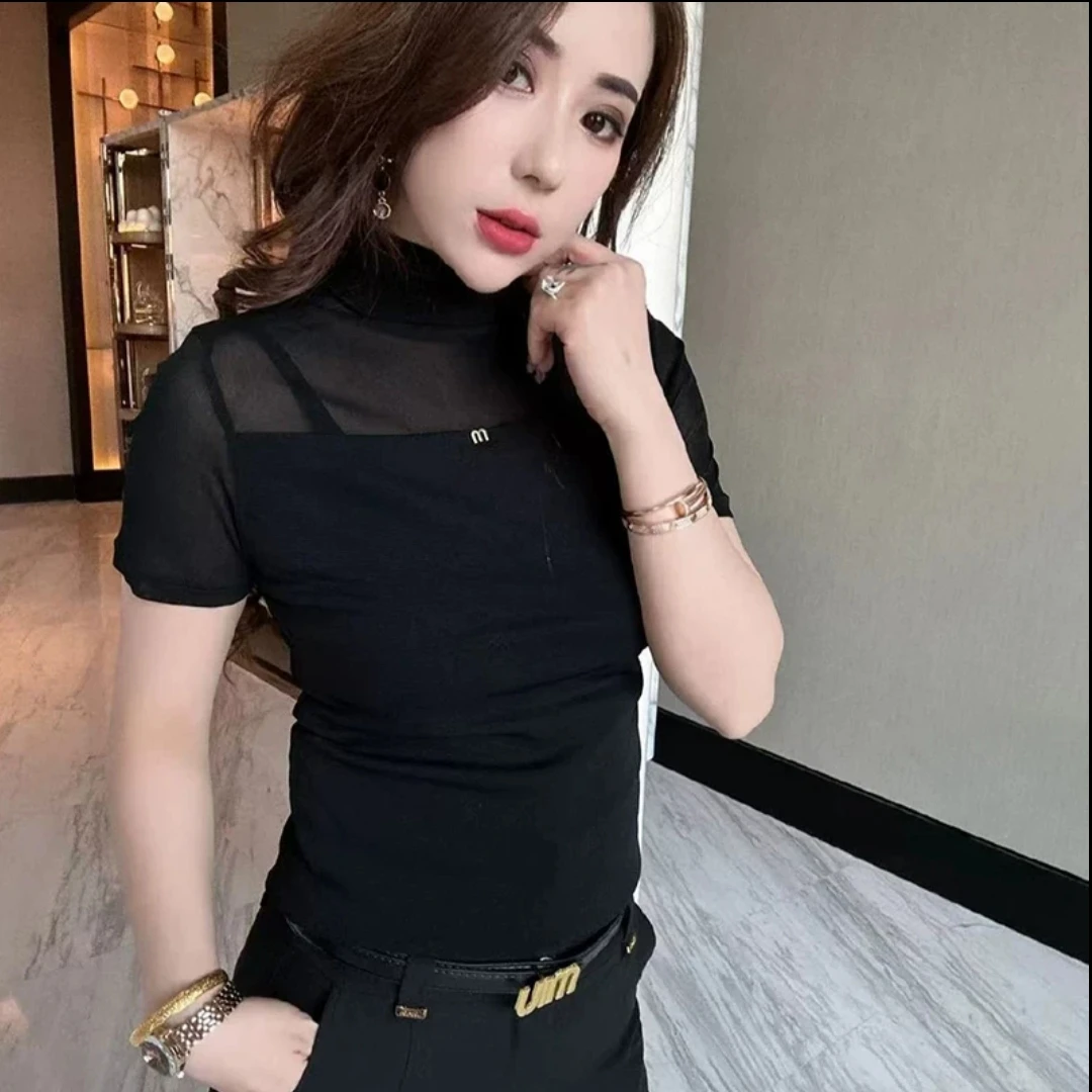 半高领网纱上衣女t恤短袖2025夏季新款打底外穿显瘦黑色网纱上衣