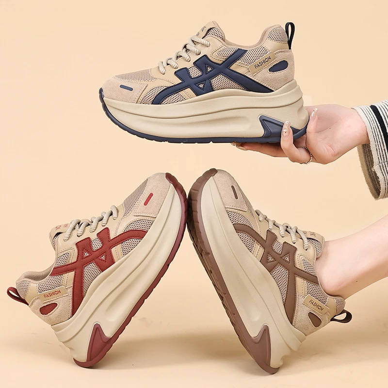 【增高8CM】秋冬季新款休闲厚底复古拼色阿甘鞋网鞋透气老爹鞋女鞋