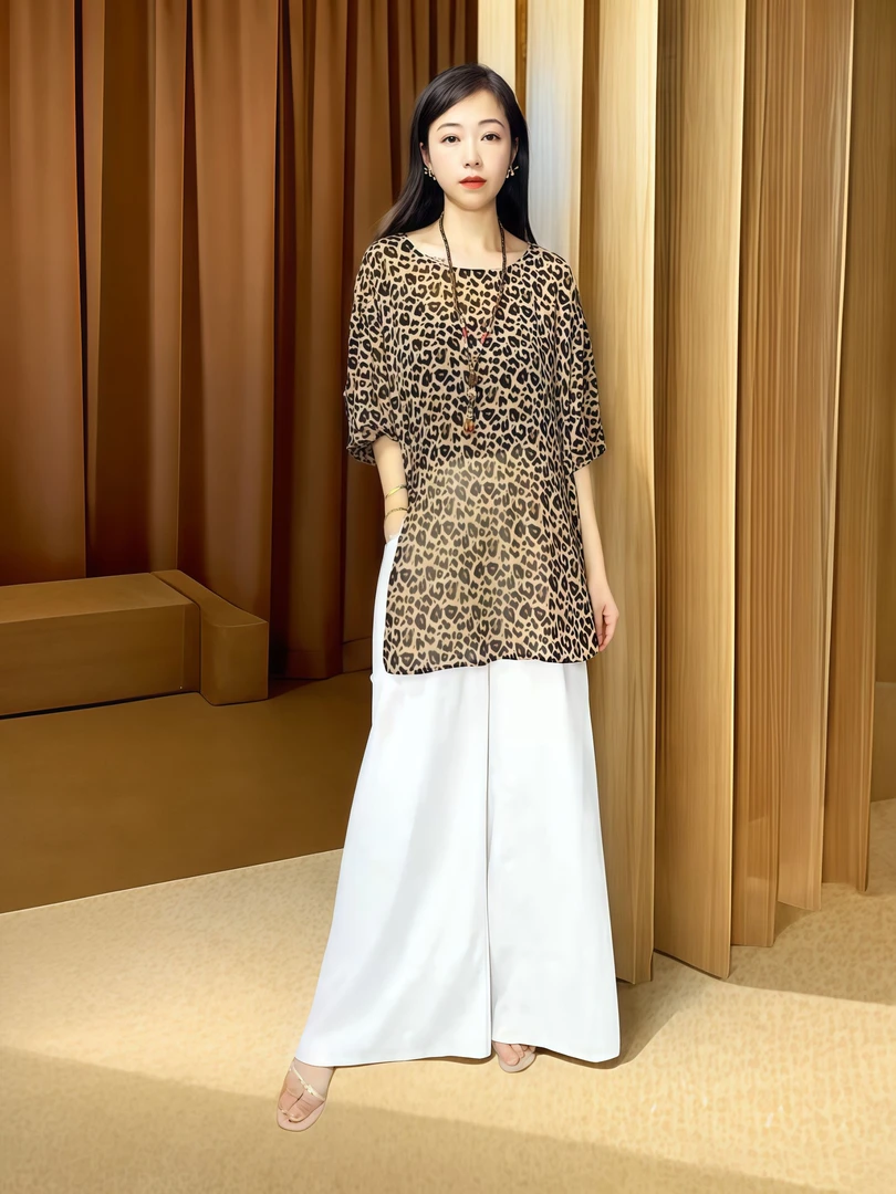 时尚百搭宽松气质休闲短袖显瘦女士设计师优雅轻奢上衣5043（豹纹）