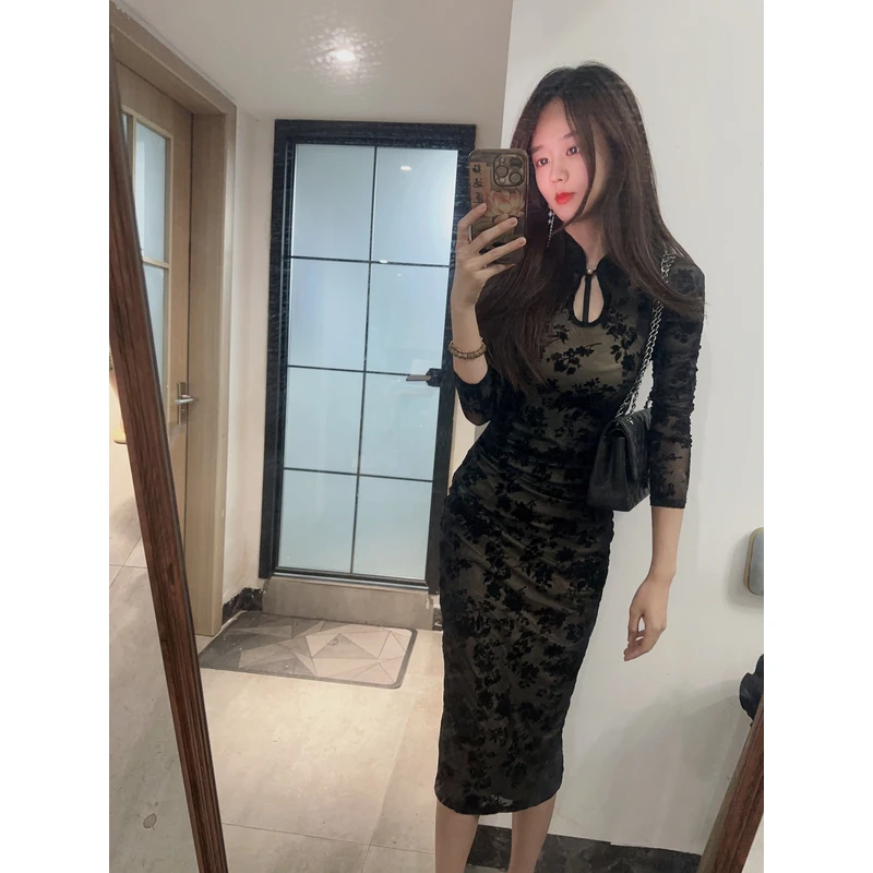 新款旗袍显身材显瘦新中式蕾丝花边网纱植绒连衣裙包臀长裙子