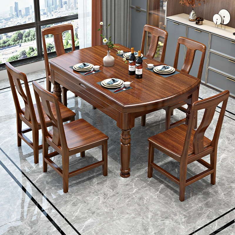 胡桃木实木餐桌椅组合可伸缩折叠圆形饭桌新中式家用小户型8人桌