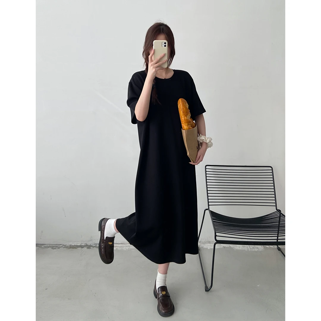 DUCURNO休闲T恤连衣裙女夏季2025新款大码宽松显瘦简约高级长裙子