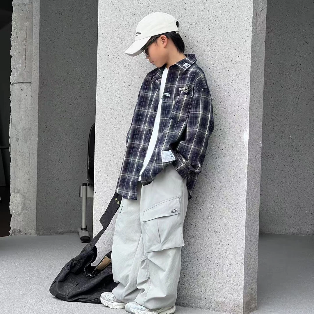 【嘟妈童装】2025儿童休闲外套男童秋季格子连帽衬衫1009