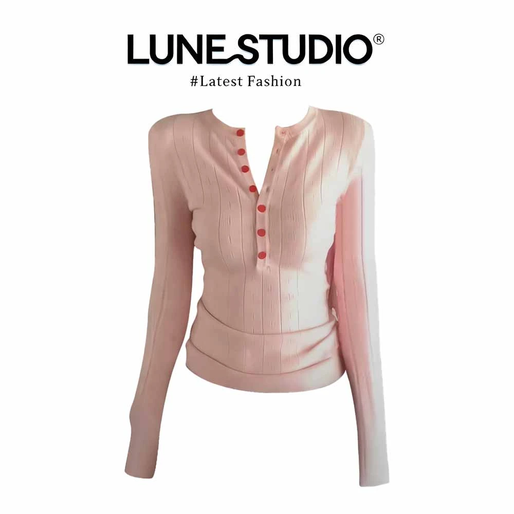 韩系辣妹炸街慵懒粉色V领纽扣针织衫女秋冬修身设计长袖打底上衣