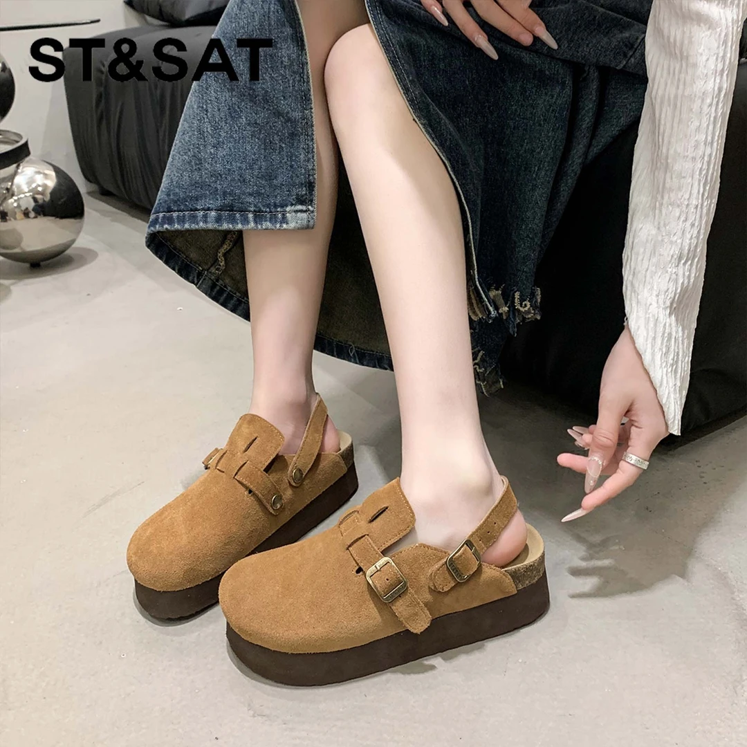 星期六法式勃肯鞋女款2025春季新软底通勤单鞋厚底休闲博肯半拖鞋